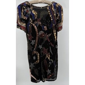 Night Line Laurence Kazar Beaded Sequin Dress 12 VTG 80's Silk Celestial Art